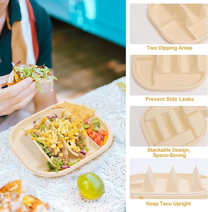 Small Disposable Taco Plates With Dipping Sides - 20 Pack, Biodegradable Cornstarch Taco Holder, Mini Size Fit 4-6 Inch Street Tortilla Shells, Sturdy & Microwave Safe, Bar Serving Set For A Party