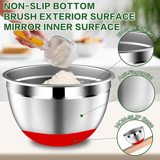 DUTZUN Mixing Bowls with Lids Set - 16pcs Stainless Steel Mixing Bowl Set with Colander, 3 Grater Attachments, Non-Slip Bottom, Metal Nesting Bowls with Strainer for Mixing & Serving - Multicolor