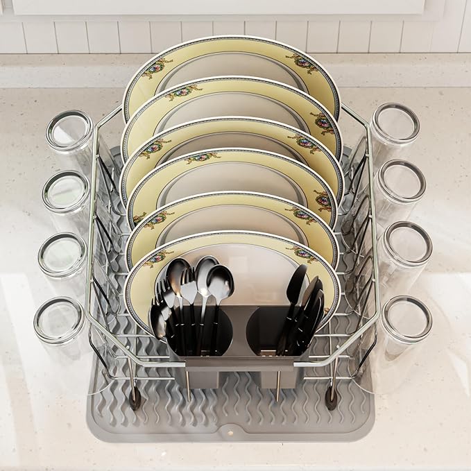 GSlife Small in Sink Dish Drying Rack - Stainless Steel Compact Dish Drainer with Silicone Drying Mat for RV Kitchen Apartment Sink, Silver