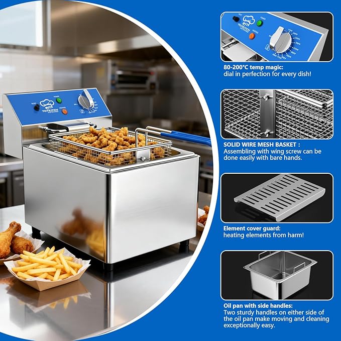 TOPKITCH 8L Professional Electric Fryer, 1800 W Commercial Electric Fryer Made of Stainless Steel with Basket, Temperature Control 80-200 °C, Fast Heating for Restaurant and Home
