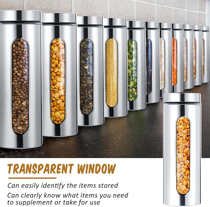 Mimorou 6 Pack Kitchen Canisters Set Airtight Coffee Sugar Tea Candy Storage Jars with Window Glass Stainless Steel Containers with Lids for Flour Cookies Spices Grains Kitchen Decorations (60 oz)