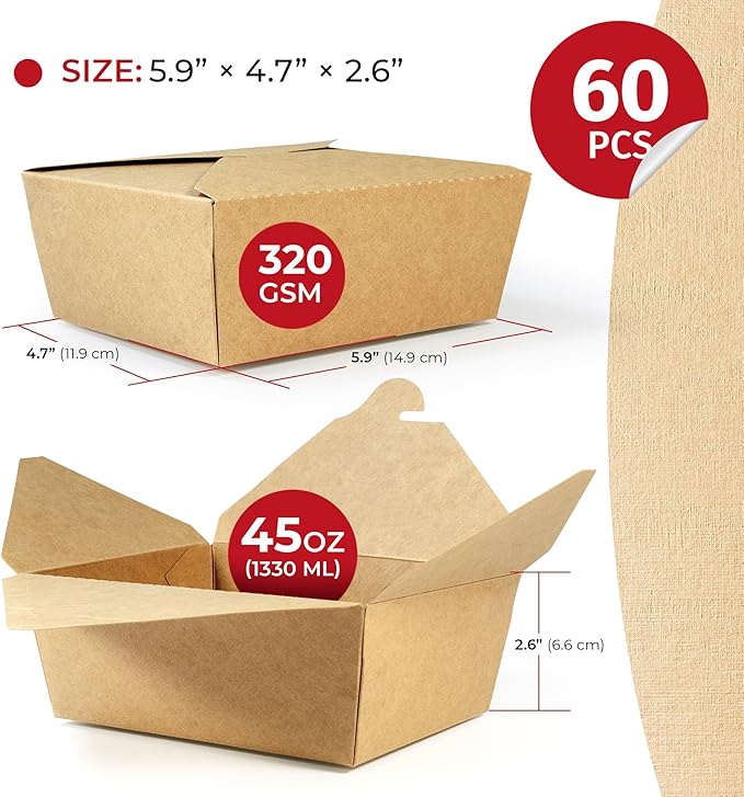 Chinese Takeout Storage Containers (60 Pack) 45oz - Kraft Brown Cardboard Paper Togo - Take Out Boxes -Biodegradable Eco To Go Food For Restaurants Catering Party