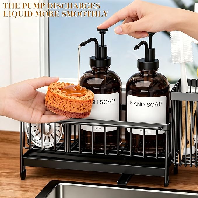 Kitchen Soap Dispenser Set with Sponge Holder and Towel Rack, 17OZ Glass Bottle, Hand and Dish Soap Dispenser Set, Non-Slip Silicone Pad, Brush Holder, Kitchen Sink Caddy Organizer Countertop (Amber)