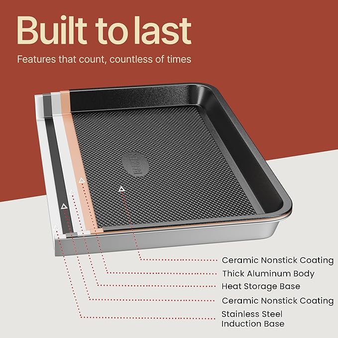 BAKKEN Kitchen Baking Pans - Nonstick Gray Coating, 13.58’’ × 9.65’’ Commercial Grade Carbon Steel Cookie Sheet, Diamond Texture Bottom, PFOA, PFOS, PTFE Free, Oven Safe Tray (450°F), Gray