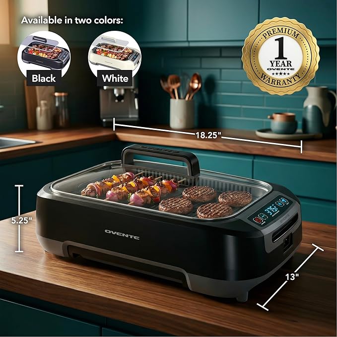 OVENTE Smokeless Indoor Grill, 1500W Electric Portable Korean BBQ Grill with One-Touch Control, LED Smart Display, Tempered Glass Lid, Two Removable Non-Stick and Dishwasher Safe Plates, Black SGR85B