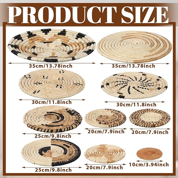 Tatuo 11 Pcs Boho Wall Basket Decor Bulrush Woven Wall Hanging Art Round Farmhouse Rustic Handmade Wicker for Summer Home, Bedroom, Living Room, Kitchen Decorations, Multi Sizes(Artistic)