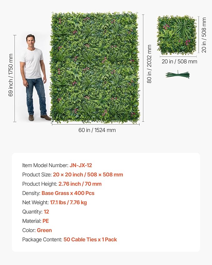 VEVOR Artificial Plant Wall, 12PCS 20 x 20 in Artificial Boxwood Panels, Greenery Backdrop Privacy Hedge Fence with Sun Protection, Fake Grass Wall Screen for Wedding, Indoor, Garden，Mixed Leaf
