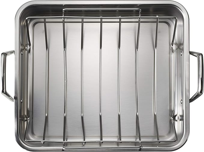 Tramontina 16.5-Inch Stainless Steel Deep Roasting Pan with Basting Grill and V-Rack, Turkey Roaster for Oven, Dishwasher Safe, Made in Brazil