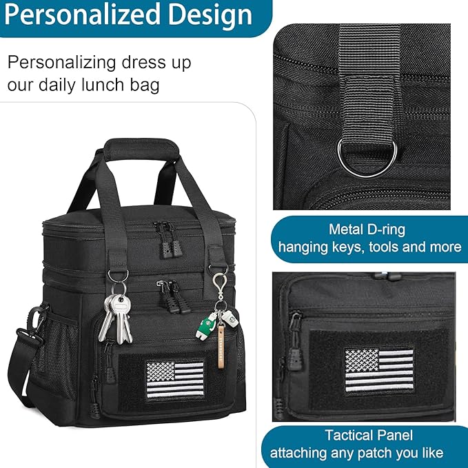 GLENKEY Tactical Lunch Box Cooler Bag - Expandable Insulated Lunch Bag for Men Women - XLarge Lunchbox for Adults Work Shifts Outdoor Trips Black 22L