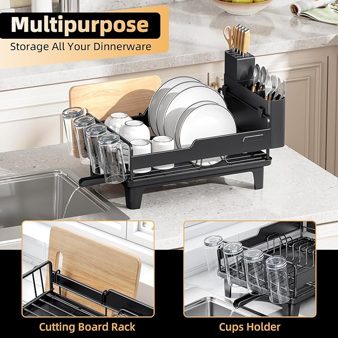 Urackify Dish Drying Rack for Kitchen Counter, Countertop Dish Rack with Drainboard, Multifunctional Dish Drainer with Cups Holder & Cutting Board, Home Plate Storage Rack with Cutlery Holder, Black