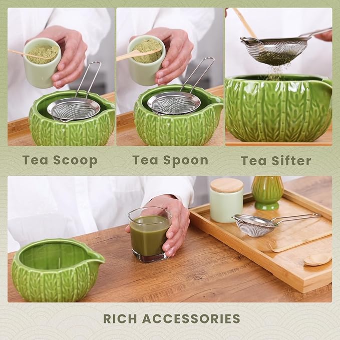 Matcha Whisk Set, Cactus Light Green Ceramic Matcha Set Includes Matcha Bowl, Matcha Whisk (Chasen) and Holder, Sifter, Bamboo Scoop & Spoon - 6 Pcs Matcha Kit for Matcha Lovers