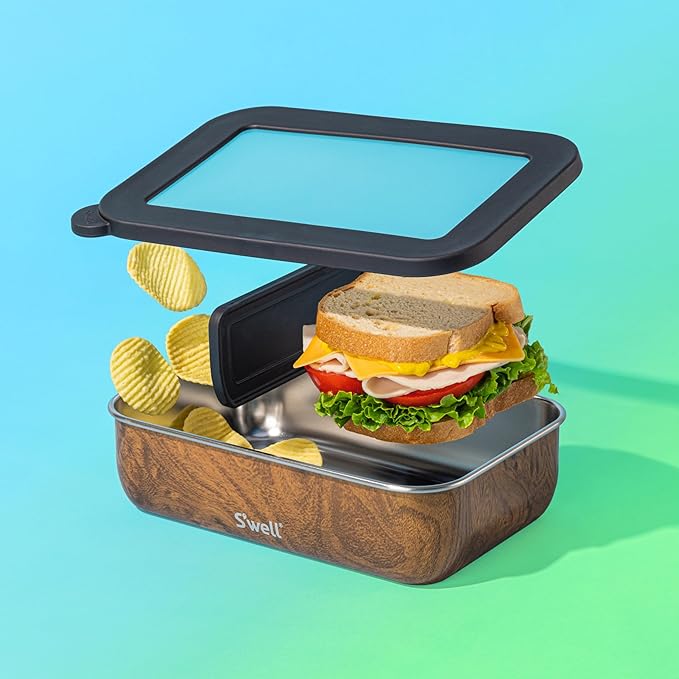 S'well Stainless Steel Bento Box, Teakwood, Fits One Large Entree Or Small Entree And Snack, Includes Removable Divider, Leakproof, Easy to Clean, Dishwasher Safe