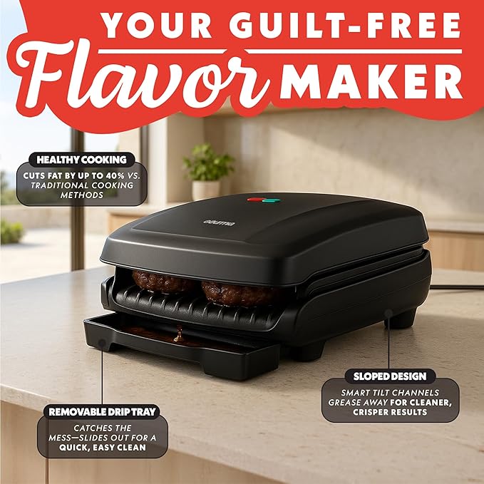 Gourmia Indoor Grill & Panini Maker – 4 Serving Contact or Open Grill, Nonstick Ceramic, Preheat Indicator Light, Slope Design with Removable Dishwasher Safe Drip Tray