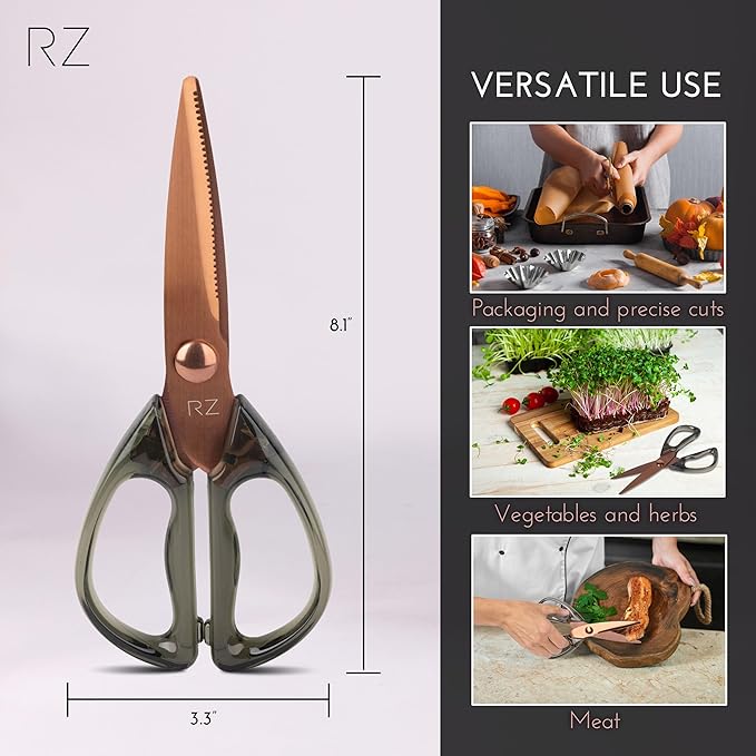 Rachel Zoe Multi-Purpose Kitchen Scissors, Stainless Steel Shears with Protective Sheath & Soft Handle Grips, Dishwasher Safe, Vegetables, Fruits & Meat Cutting Scissors, Essentials (Green/Copper)
