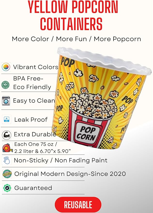 Modern Style Reusable Plastic Popcorn Box/Popcorn Containers/Popcorn Bowls Set for Movie Theater Night - (BPA Free - 6 Pack - 75 oz) (Popcorn Mix A)