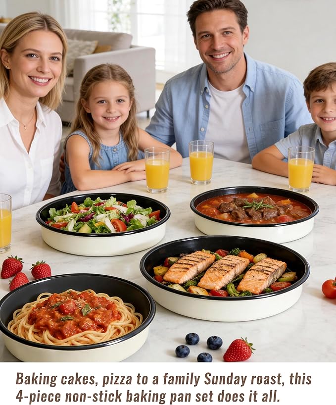 Enamel Round Roasting Pan Set Baking Dish 4-Pack 9/10/12/14 Inch High Temperature Resistance Bakeware for Pizza Chicken, Oven Dishwasher Safe Birthday Mother Day Gift for Wife & Mom Cake Pan