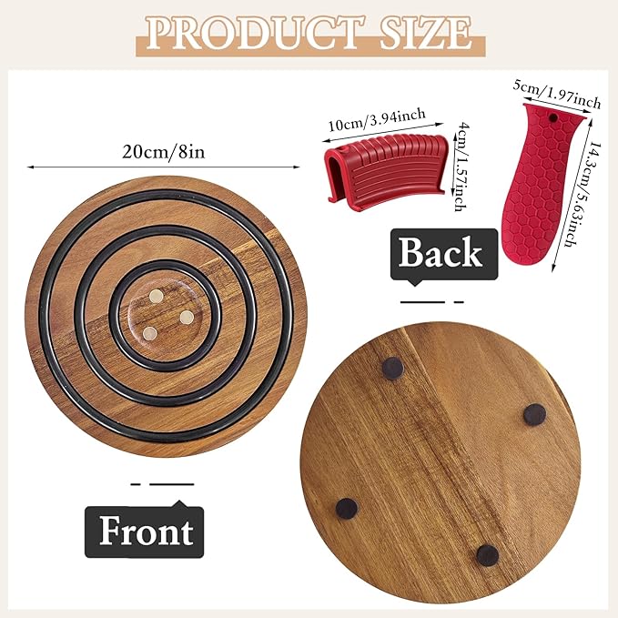 2Pcs Magnetic Wooden Trivets for Hot Pots & Pans, Heat Resistant Acacia Wood Trivets with 2 Silicone Pan Handle Covers&4 Cast Iron Handle Sleeve for Dutch Ovens Hot Pots&Pans Cast Iron Skillet