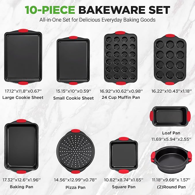 NutriChef 10‑Piece Non‑Stick Bakeware Set – Premium Carbon Steel Baking Pans Set with Silicone Handles – Oven & Dishwasher Safe – Complete Baking Sheet Set for Cookies, Muffins, Loaf, Pizza