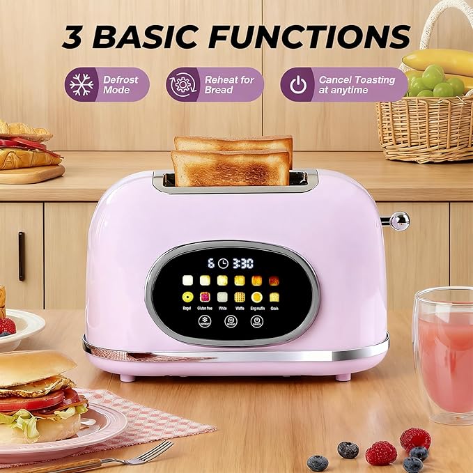 Roter Mond 2 Slice Toaster Smart Touch Screen, Retro Stainless Steel Bread Toaster with Digital Timer, Sleep Mode, Bagel, Cancel, and Defrost Functions, 6 Bread Types and Shade Settings, Light Purple