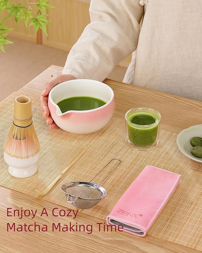 ZENS Pink Matcha Set, 6pcs Matcha Kit Includes Ceramic Bowl, Handcrafted Bamboo Whisk and Chasen Holder, Scoop, 304 Sifter & Tea Mat, Matcha Whisk Set Gift for Matcha Lovers