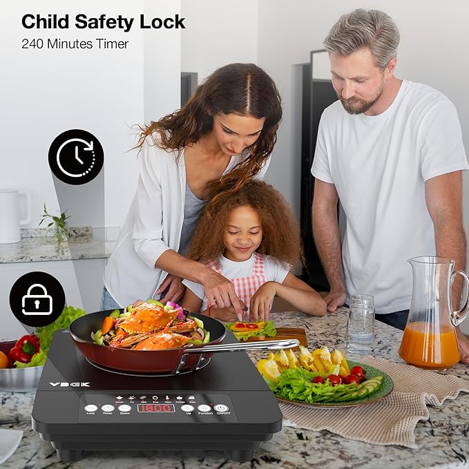 VBGK Single Burner Induction Cooktop,1800W Portable Induction Cooktop,110V Hot Plate with LCD Sensor Touch, 7 Temp Levels up to 518°F, Safety Lock, 4-Hour Timer, 9 Heat-Resistant Cooking
