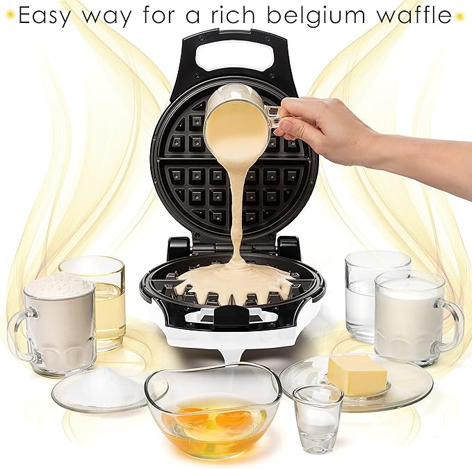 Moss & Stone Belgian Waffle Maker, Electric Flip Waffle Machine with Adjustable Temperature Control, Non-Stick Grids for Smooth Release, Compact 8-Inch Round Waffle Maker, White