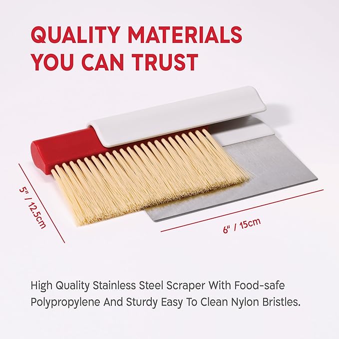 KneadAce Dough Scraper & Baker’s Brush Set. Stainless Steel Bench Scraper & Flour Cleaning Brush. Kitchen Tool for Pastry, Sourdough and Baking Prep Bread Dough Cutter, Gift For Bakers (White/Red)