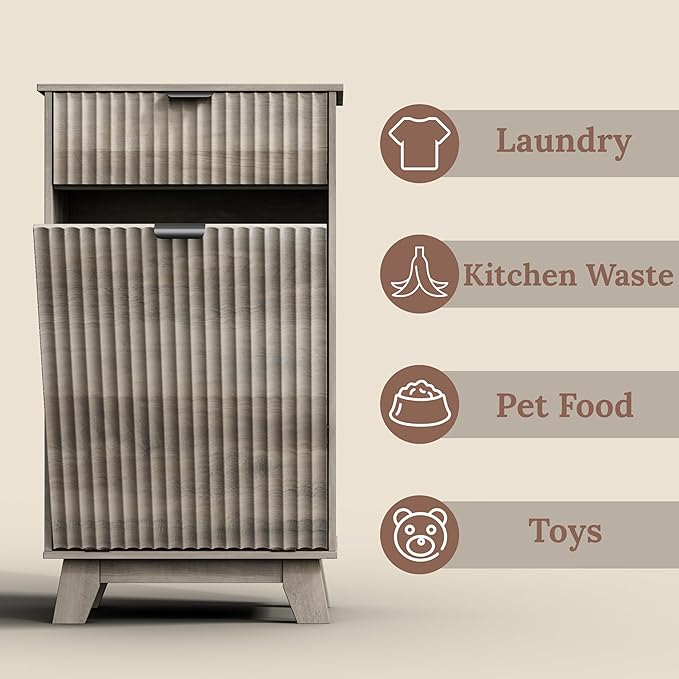 Modern Tilt Out Laundry Hamper Cabinet, 10 Gallon Wooden Trash Can Cabinet with Storage Drawers, Hidden Fluted Garbage Can Holder for Kitchen, Living Room (Wood Grey, 20.47"W x 35.83"H x 13"D)