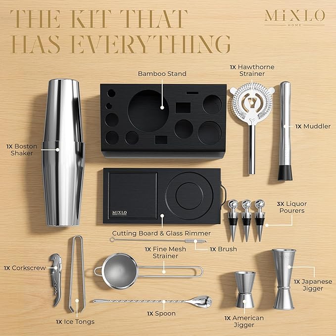 Mixology Bartender Kit -15Pcs Bar Set Cocktail Shaker Set w Black Bar Cart Accessories Stand - Shakers Bartending Silver Tools, 24oz Shaker, 17 Recipe Cards, Martini Barware