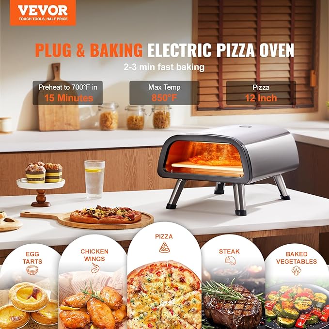 VEVOR 12" Electric Pizza Oven Countertop, Stainless Steel Pizza Maker Machine with Pizza Stone and Spatula, Heats up to 850°F, Multipurpose Indoor & Outdoor Pizza Cooker for Restaurant Home Camping
