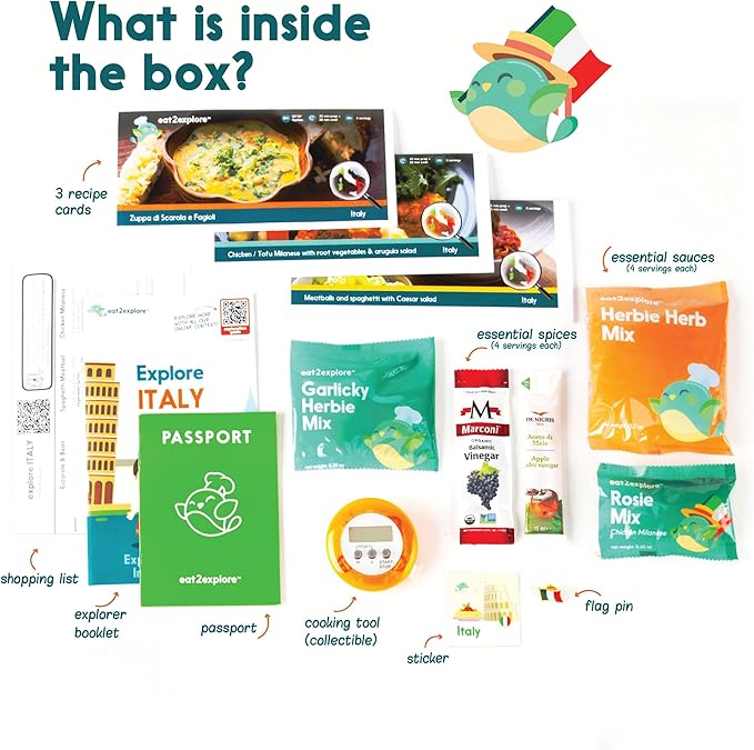 eat2explore Cooking Kits for Kids 14 Pcs – Interactive & Educational Kids Cooking Sets Real for Ages 5 and Up,3 Recipe Cards & Global Ingredients – Perfect for Families and Homeschooling Italy Edition