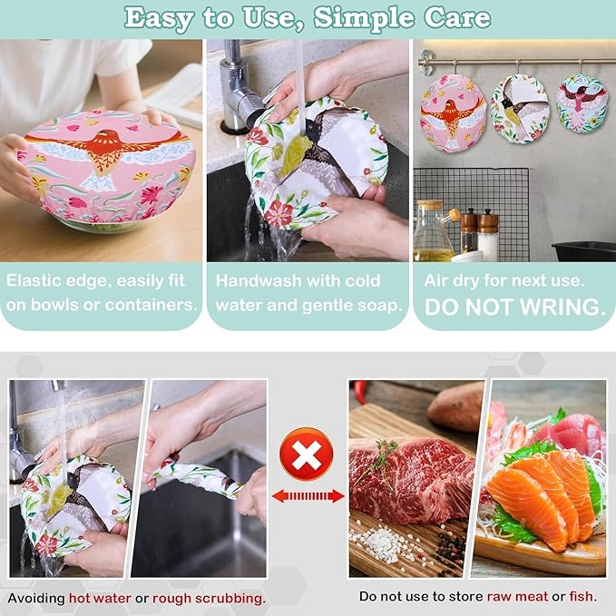 5-Size Reusable Beeswax Bowl Covers for Bread Proofing, Cotton Cloth Flexible Beeswax Wraps for Food Storage(Floral Bird)