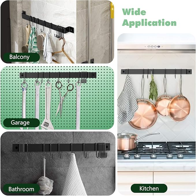 Housolution 2 Pack Kitchen Rail with 15 Hooks, 16 Inch Wall Mounted Hanging Utensil Rack Hanger for Kitchen