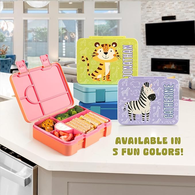 Personalized Bento Box for Kids with Safari Icon and Name - Yellow - 5 Compartments Drop-Proof Bento Box, Dishwasher Safe, Made with BPA-Free Materials, Bento Lunch Box for Kids and Toddlers