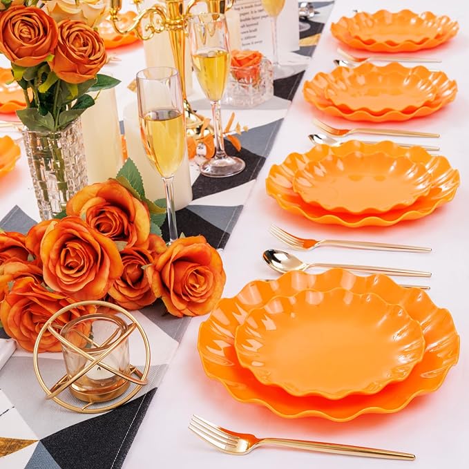 LIYH 24 Pcs Orange Scalloped Plates - Sturdy Plastic Orange Plates for Halloween & Thanksgiving Party Dishwasher Safe Reusable (12 Guests)