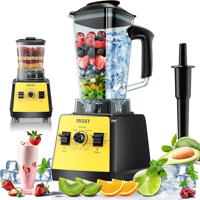 Blenders for Kitchen, Smoothie Blender, 2400W/1000W Prasky Blender & Grinder Combo, 25,000 RPM High Speed, 68oz BPA-Free Food Processor, Countertop Blender for Smoothies, Shakes & Food (Yellow, 2L)