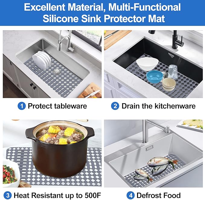 ARLBA Upgraded Silicone Kitchen Sink Mat 25"x13"，Sink Protectors for Kitchen Sink with Rear Drain/Center Drain,Sink Bottom Grid Protection Sink Rack For Farmhouse Stainless Steel/Porcelain Sink