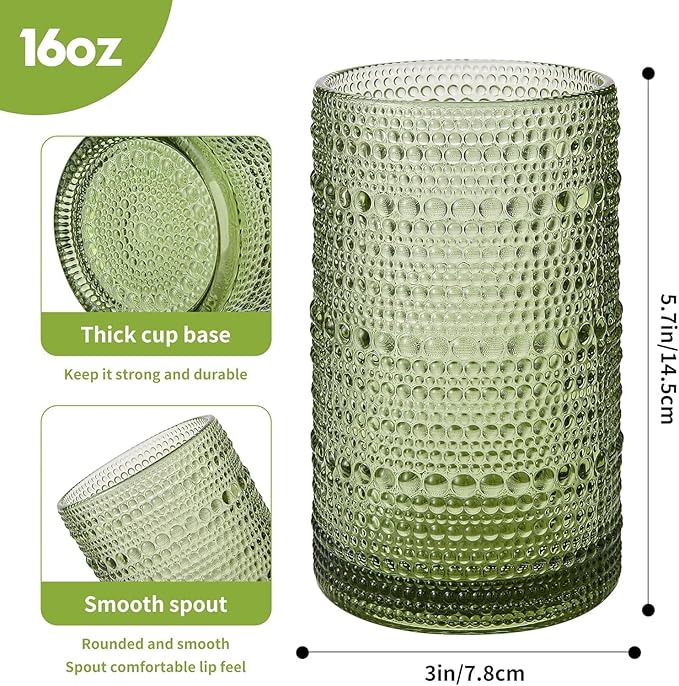 16oz Green Hobnail Drinking Glasses with Straws Set of 12, Highball Glasses Cups, Kitchen Water Glasses Cup, for Cocktail, Juice, Whiskey, Milk and Various Mixed Drinks