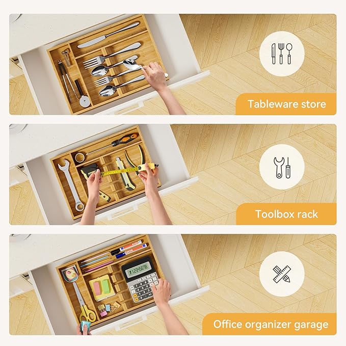 Yofidra Bamboo Silverware Organizer, 13.8 x 9.84 x 1.96 Inches Kitchen Utensil Drawer Organizer, Silverware Tray for Drawer with Fixed Slots for Spoons, Forks & Knives, Natural