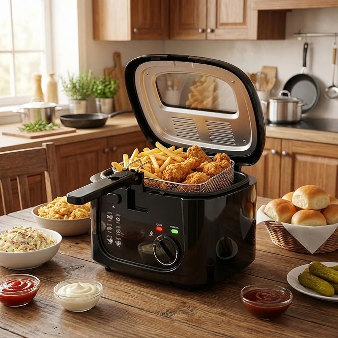 KEINVE 1500W Electric Deep Fryer with 3 Temperature Settings, 2.5L Oil Fryer with Non-Stick Basket & Viewing Window, Folding Handle and Locking Cover for Easy Storage, Black