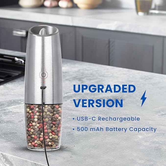Rechargeable Electric Salt and Pepper Grinder, gravity electric salt and pepper grinder, Adjustable Roughness, LED Light, 1 Pack, (Silver)