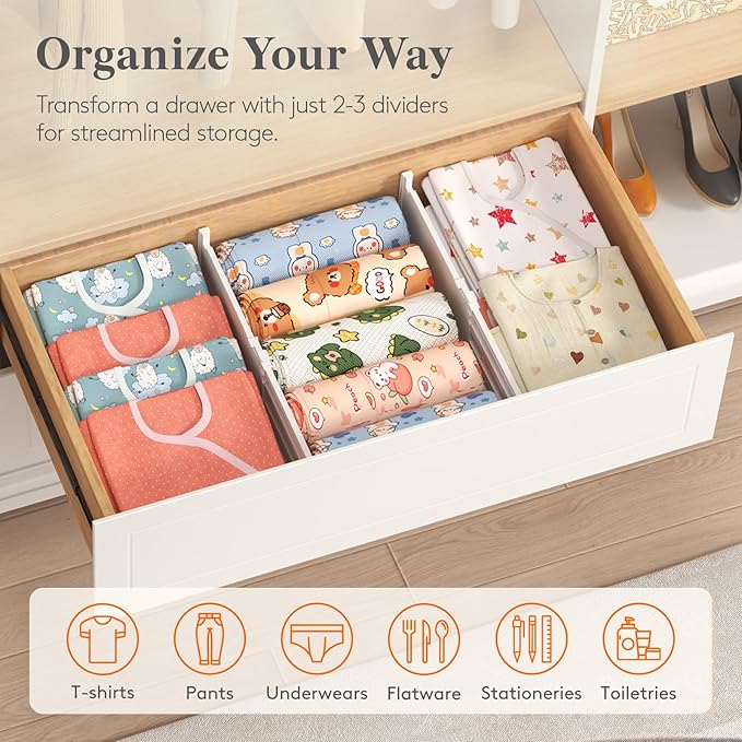 Lifewit 5" Tall 5 Pack Drawer Dividers, 30-47cm/11.5-18.5" Expandable Drawer Divider for Clothes, Adjustable Dresser Drawer Organizers, Drawers Separators for Dresser/Bathroom/Closet/Kitchen White