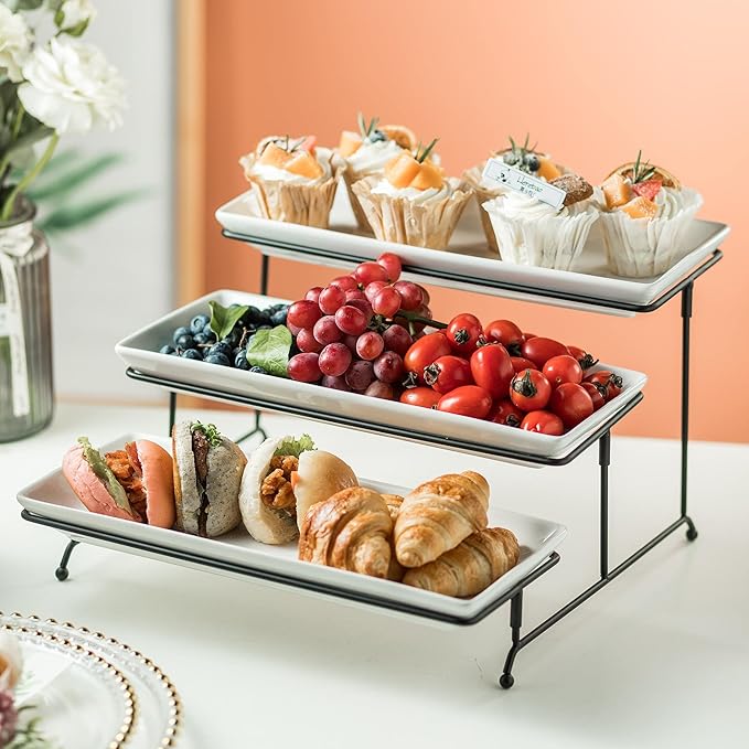 Gomakren 3 Tier Serving Trays Stand 14 Inches Serving Platters Rectangular Large Serving Plates for Party Display Set Collapsible Sturdier Rack, White Serving Trays and Platters