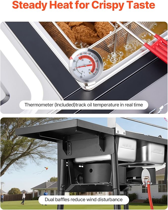 VEVOR Outdoor Propane Deep Fryer, Double Burners Commercial Fryer, 16 Qt Stainless Steel Cooker with Removable Baskets & Lids & Tanks, Oil Fryer Cart with Thermometer & Regulator, For Outdoor Cooking