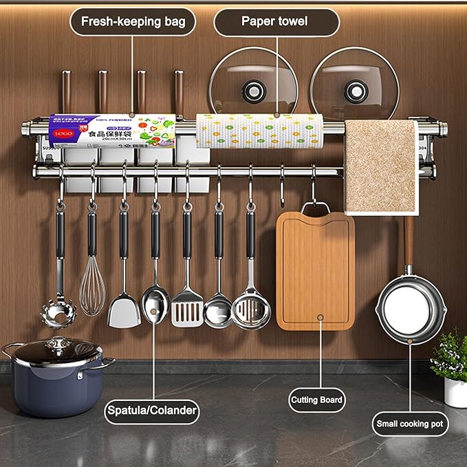 Hanging Wall Mount Knife Wall Mount,Kitchen Utensil Hanger,Space-Saving Kitchen Utensil Rack with Hooks,Kitchen Storage Shelf for Utensils Spatula Spoon, Easy to Clean (Black, 50CM+10Hook)