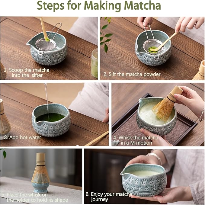 Buucup Matcha Whisk Set, Ceramic Matcha Kit Includes Matcha Bowl, Matcha Whisk and Holder, Bamboo Scoop, Scoop Rest, Sifter and Tea Towel - 7 Pcs Matcha Kit for Matcha Lovers (Blue)