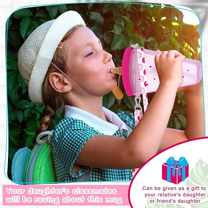 Patelai 8 Pcs 10.5oz Cute Water Bottles with Straw Kawaii Ice Cream Cups Leak Proof Drinking Bottles with Adjustable Shoulder Strap for Sports Travel Camping (Watermelon)