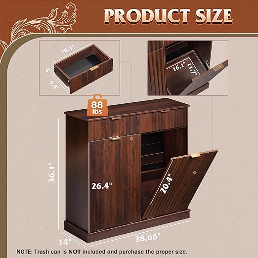 WLIVE 2 * 10 Gallon Double Tilt Out Trash Can Cabinet, Hidden Trash Can Cabinet with Storage Drawers,Food/Clothes Storage Pet Proof Wooden Trash bin Cabinet for Kitchen, Home, Laundry (Brown)
