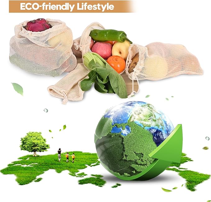 Ycsst 12 Pack Reusable Cotton Mesh Produce Bags - 100% Organic Cotton - Produce Bag - Double-Stitched - With Drawstring Produce Bag For Vegetables,Fruit & Grocery Shopping,4xS, 4xM, 4xL.