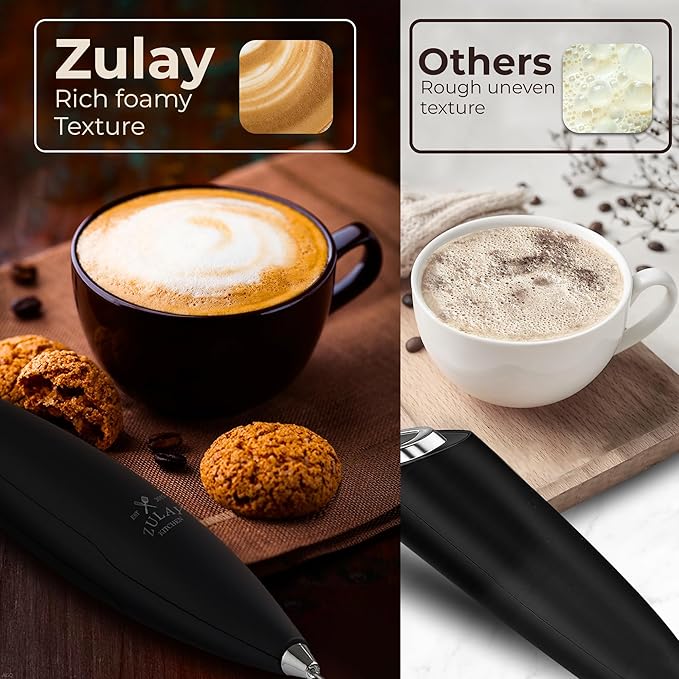 Zulay Kitchen Patented Tornado Triple Whisk Milk Frother with 4 Duracell Batteries – Handheld Foam Maker for Coffee, Lattes, Matcha & Hot Chocolate – Rich, Creamy Froth in Seconds - Alpha Black